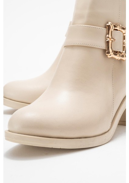 Kadın Büyük Altın Tokalı Topuklu Bot Bej Cilt modelleri