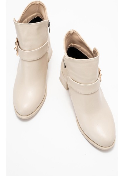 Kadın Büyük Altın Tokalı Topuklu Bot Bej Cilt indirimleri