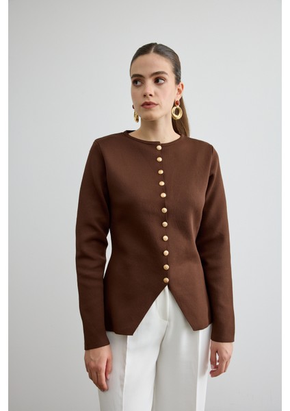 Noi Belden Oturtmalı Triko Hırka Acı Kahve