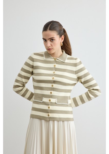 Çizgili Triko Hırka Taş