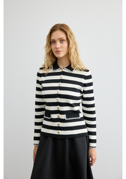 Çizgili Triko Hırka Siyah modelleri