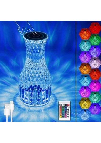 Sürahi Model USB Şarjlı Kumandalı 16 Farklı Işık Modlu Masa Üstü Kristal Akrilik Lamba LED
