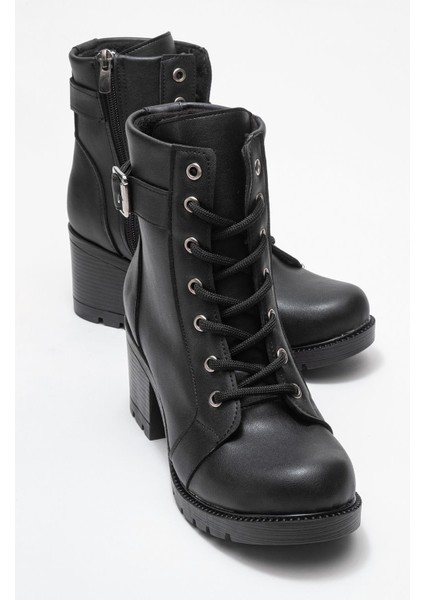 Kadın Tokalı Bağcıklı Topuklu Bot Siyah Cilt