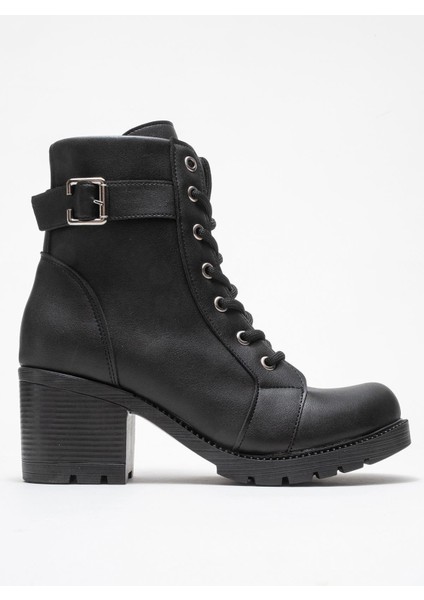 Kadın Tokalı Bağcıklı Topuklu Bot Siyah Cilt fiyatları