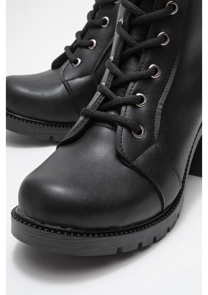 Kadın Tokalı Bağcıklı Topuklu Bot Siyah Cilt modelleri