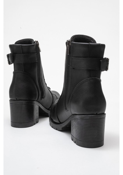 Kadın Tokalı Bağcıklı Topuklu Bot Siyah Cilt fırsatları