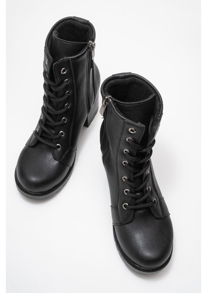 Kadın Tokalı Bağcıklı Topuklu Bot Siyah Cilt indirimleri