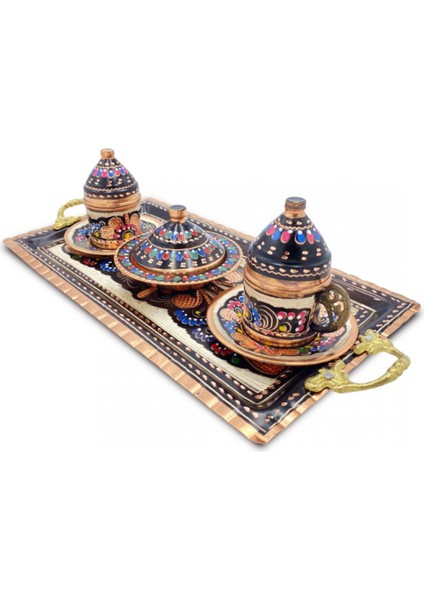 Kahve Fincanı 2 Kişilik Işlemeli Set Bakır Dikdörtgen Tepsili