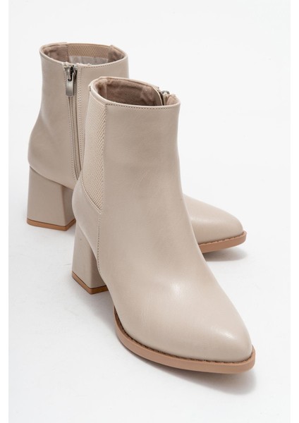 Kadın Sade Lastikli Sivri Burunlu Topuklu Bot Ten Cilt