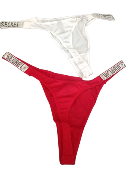 Victorias Modeli Suni Elmas Işıltılı Askılı Tanga Külot 2li Kırmızı-Beyaz , 2li Paket Kaliteli Tanga Külot fırsatları