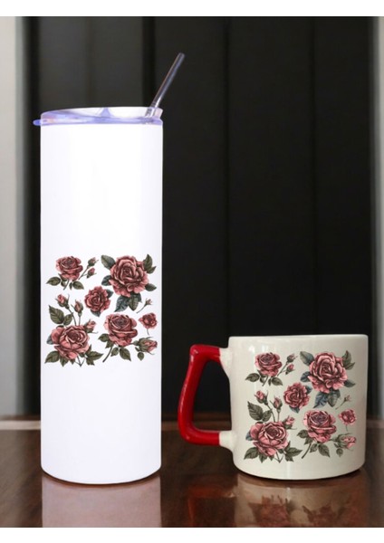 Güller Baskılı 600 ml Termos ve 250 ml Bardak - Pipetli Termos ve Bardak Seti