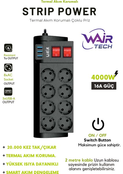 4000W, 16A, Akım Korumalı Priz 8xpriz, 3xusb, 2mt Kablo, Çoklayıcı
