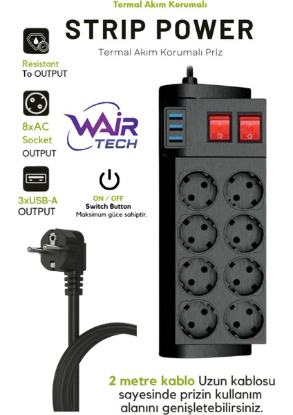 4000W, 16A, Akım Korumalı Priz 8xpriz, 3xusb, 2mt Kablo, Çoklayıcı modelleri