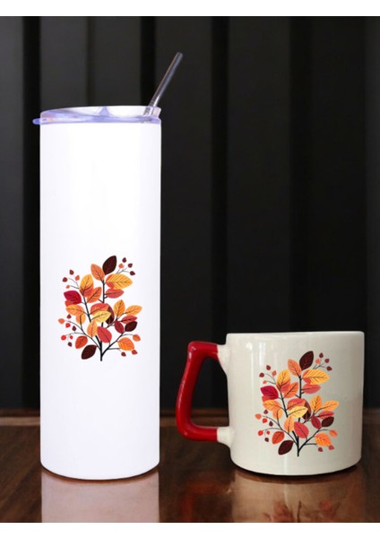 Sonbahar Baskılı 600 ml Termos ve 250 ml Bardak - Pipetli Termos ve Bardak Seti