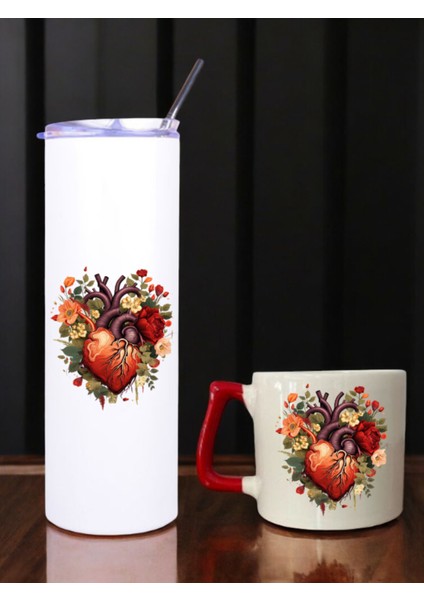 Kalpli Çiçek Baskılı 600 ml Termos ve 250 ml Bardak - Pipetli Termos ve Bardak Seti