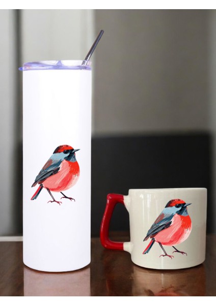 Sevimli Kuş Baskılı 600 ml Termos ve 250 ml Bardak - Pipetli Termos ve Bardak Seti