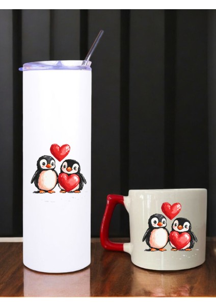Penguen Kalp Baskılı 600 ml Termos ve 250 ml Bardak - Pipetli Termos ve Bardak Seti