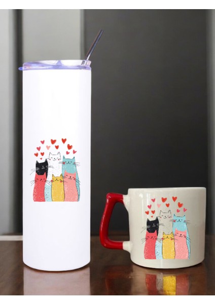 Kalpler Kediler Baskılı 600 ml Termos ve 250 ml Bardak - Pipetli Termos ve Bardak Seti