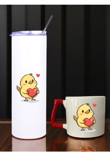 Civciv Kalp Baskılı 600 ml Termos ve 250 ml Bardak - Pipetli Termos ve Bardak Seti