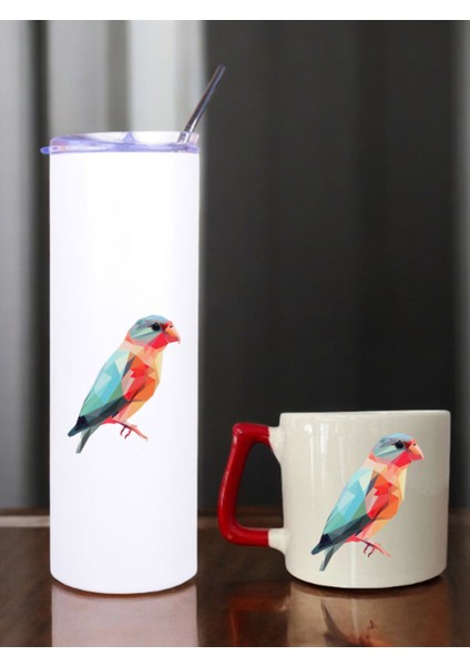 Kuş Baskılı 600 ml Termos ve 250 ml Bardak - Pipetli Termos ve Bardak Seti