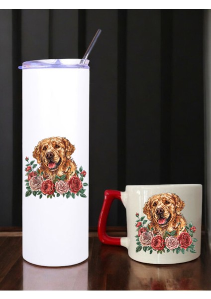 Çiçekli Köpek Baskılı 600 ml Termos ve 250 ml Bardak - Pipetli Termos ve Bardak Seti