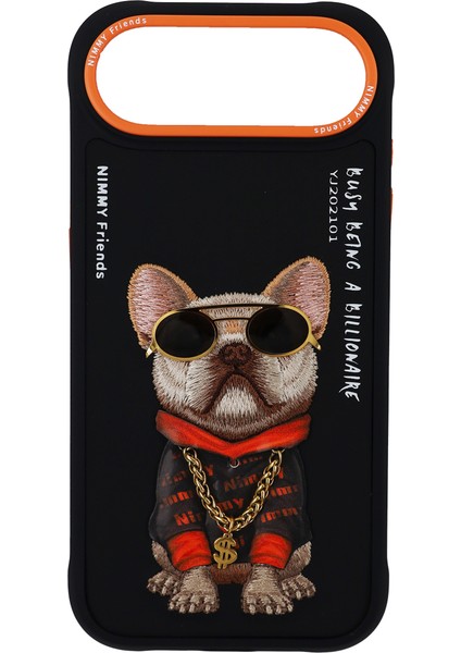 iPhone Pro 17 Air Uyumlu 3D Gözlük Zincir Köpek Detaylı Nakış Işlemeli Kabartmalı Cool Glasses Kılıf