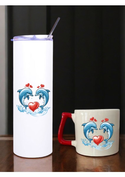 Yunus Kalp Baskılı 600 ml Termos ve 250 ml Bardak - Pipetli Termos ve Bardak Seti