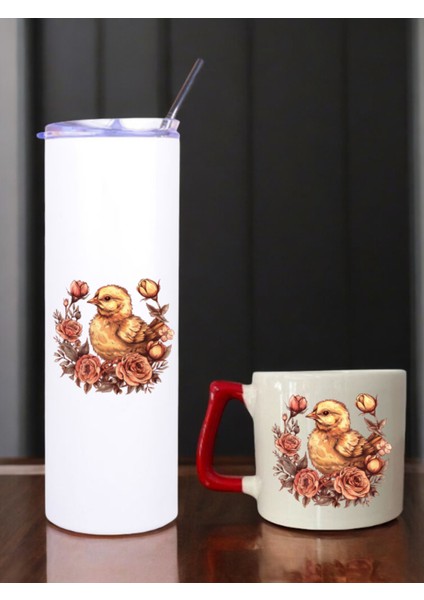 Çiçek Civciv Baskılı 600 ml Termos ve 250 ml Bardak - Pipetli Termos ve Bardak Seti