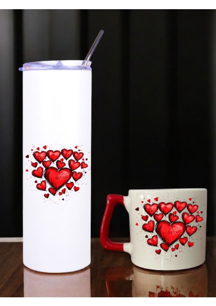 Kalpler Baskılı 600 ml Termos ve 250 ml Bardak - Pipetli Termos ve Bardak Seti