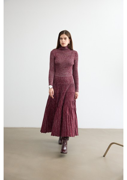 Glory Işıltılı Triko Elbise Bordo