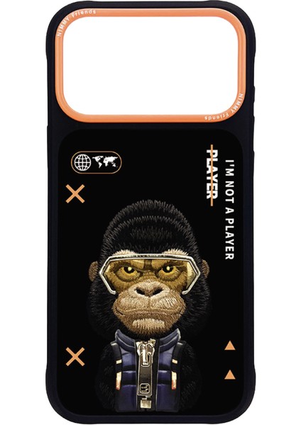 iPhone 17 Pro Uyumlu 3D Gözlük Fermuar Gorilla Detaylı Nakış Işlemeli Kabartmalı Cool Cute Kılıf
