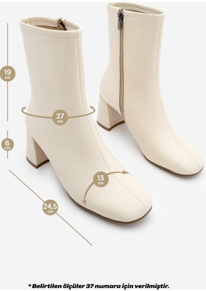 Kadın Küt Burun Fermuarlı Topuklu Bot Nonas Ekru
