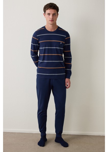 Lacivert Erkek Çizgili Jogger Pijama Takımı