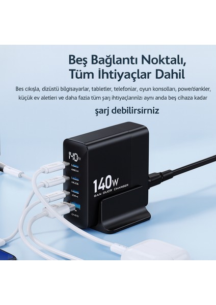 140W Gan Teknoloji 5 Port Pd Hızlı Şarj Cihazı Macbook Iphone Uyumlu Şarj Aleti
