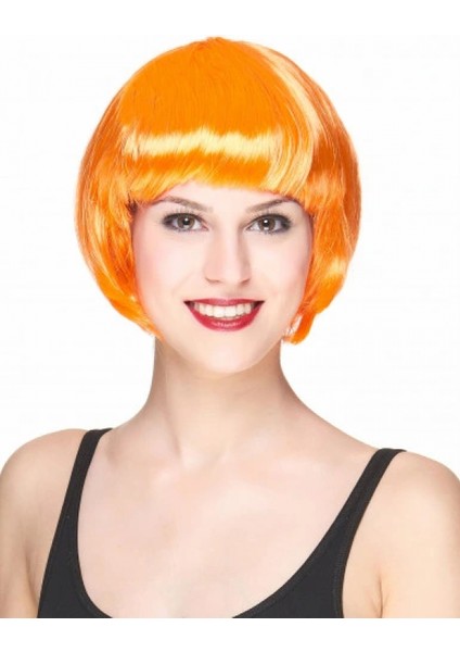 Neon Turuncu Renk Açık Turuncu Küt Parti Peruğu Kısa Takma Saç (4887)