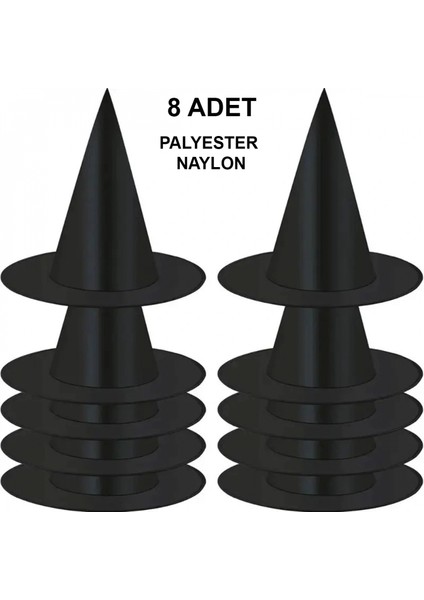 8 Adet Siyah Cadı Şapkası – Yetişkin &amp;amp;amp; Çocuk Kostüm Aksesuarı (4887)