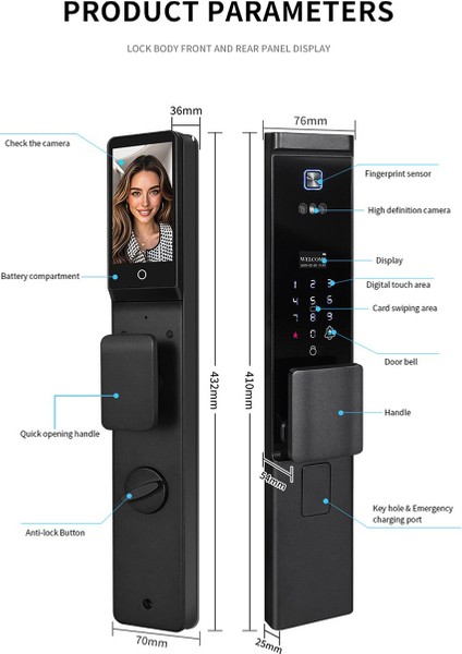 Akıllı Kapı Kilidi Yüz Tanıma, Parmak İzi, Şifre, Kart ve Uygulama