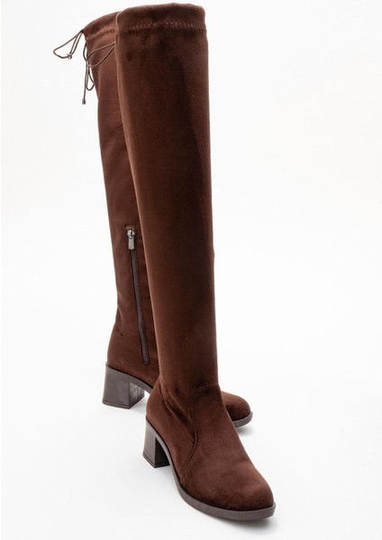 Kadın Dizüstü Streç Topuklu Çizme; Kahve Süet