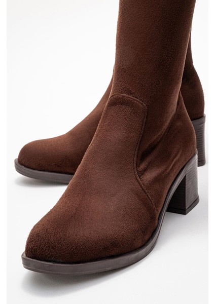 Kadın Dizüstü Streç Topuklu Çizme; Kahve Süet modelleri