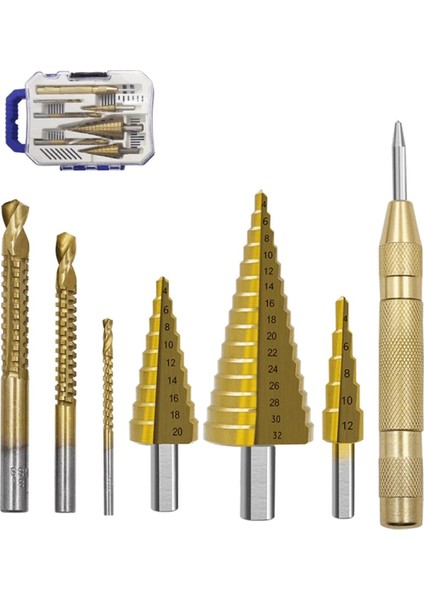 7pcs Hss Hss Adım Matkap Bit Setleri Düz Groove Titanyum Kaplamalı Koni Deliği Otomatik Merkezi Yumruk Twist Testere Matkap Bit (Yurt Dışından) fiyatları