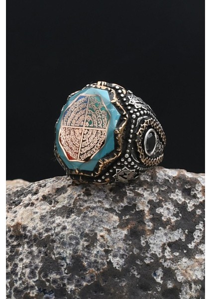 Nas ve Felak ve Ihlas ve Kafirun Sureleri Sıkma Kehribar Taşlı 925 Ayar Gümüş Erkek Yüzüğü 902314