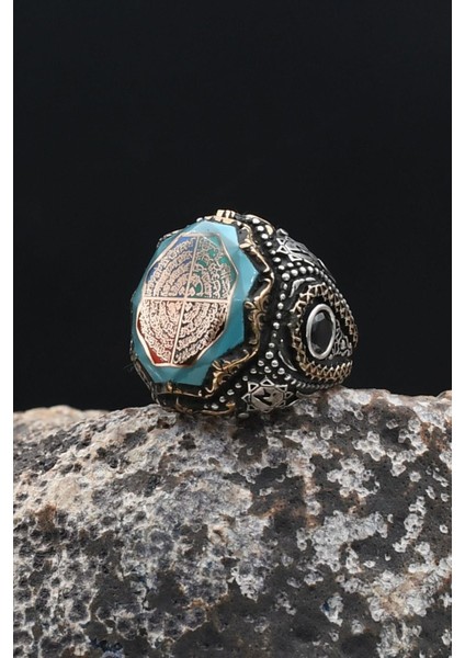 Nas ve Felak ve Ihlas ve Kafirun Sureleri Sıkma Kehribar Taşlı 925 Ayar Gümüş Erkek Yüzüğü 902314 modelleri