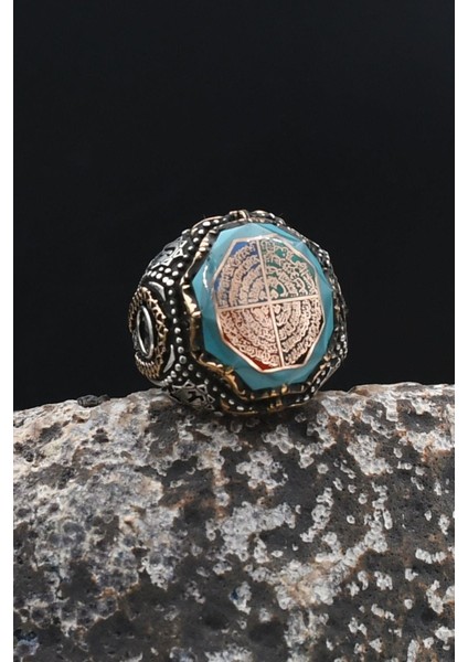 Nas ve Felak ve Ihlas ve Kafirun Sureleri Sıkma Kehribar Taşlı 925 Ayar Gümüş Erkek Yüzüğü 902314 fırsatları