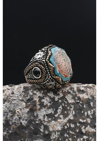 Nas ve Felak ve Ihlas ve Kafirun Sureleri Sıkma Kehribar Taşlı 925 Ayar Gümüş Erkek Yüzüğü 902314 indirimleri