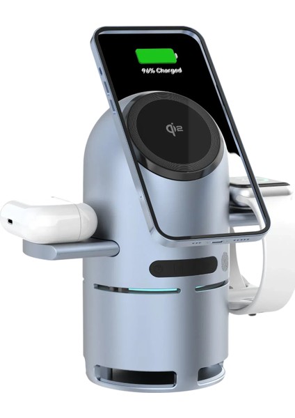 WC77 3in1 15W Telefon 2.5W Saat ve 5W Airpods Için Dahili Hoparlörlü Kablosuz Şarj Standı - Gri
