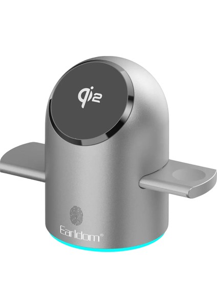 WC76 3in1 15W Telefon 2.5W Saat ve 5W Airpods Için Dönebilen Kablosuz Şarj Standı - Gri
