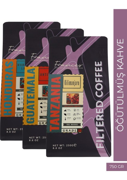 %100 Arabica | Filtre Serisi Öğütülmüş Kahve Seti – 3X250G | Honduras, Guatemala ve Tanzania