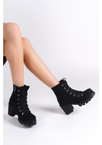 Emma Bağcıklı Fermuarlı Ortopedik Taban Topuklu Süet Kadın Bot Sst - Siyah modelleri