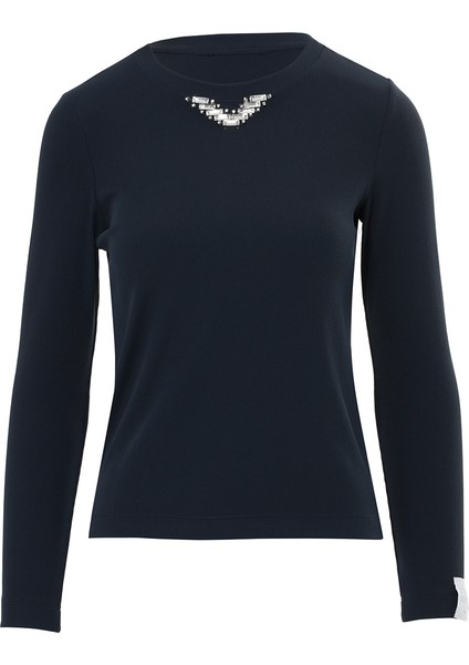 Kol Ucu Etiket Detaylı Yakası Taşlı Bluz