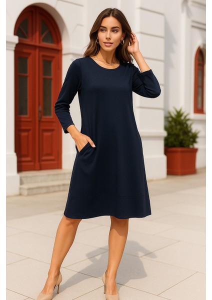 Kadın Lacivert Gizli Cepli Uzun Kollu Elbise modelleri